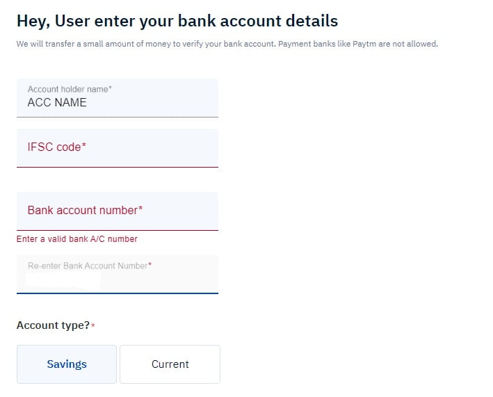 Upstox bank details